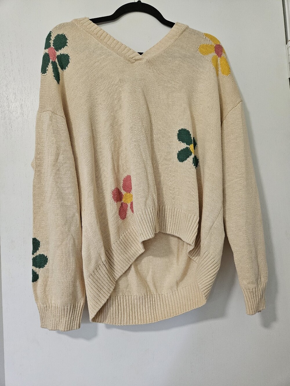 Cato Cream Floral Knit Slouchy V-Neck Sweater XL Drop Shoulder Oversized Daisy
